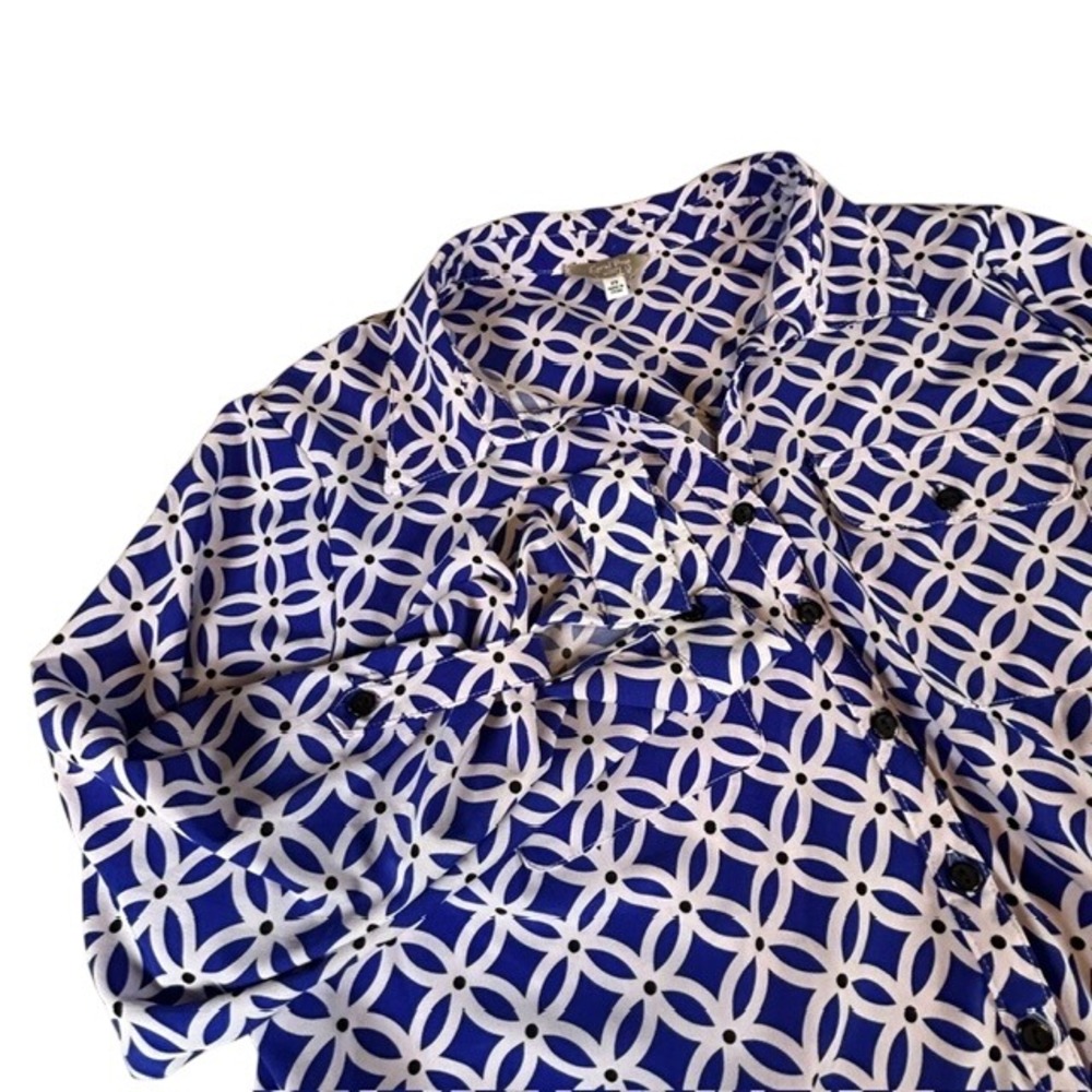 Coral Bay Women's Blue White Floral Geometric Long Sleeve Button Up Blouse 2X